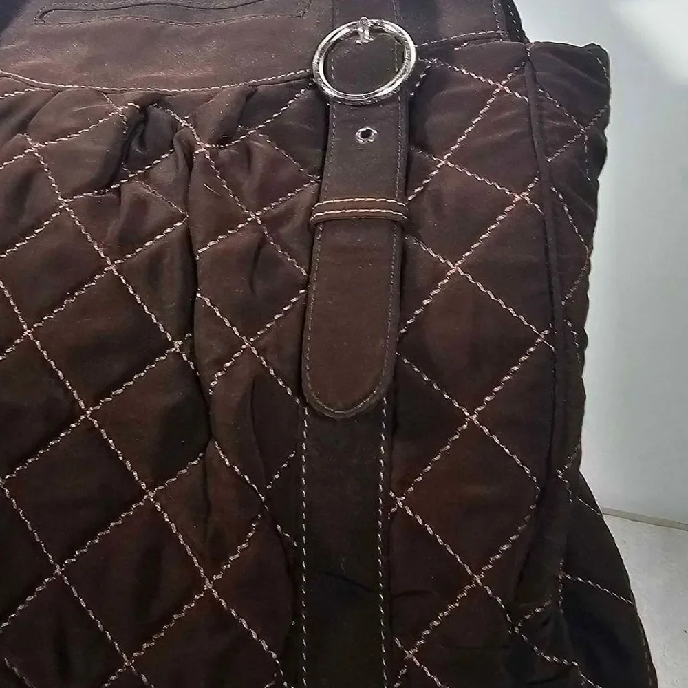 Vera Bradley Espresso Brown Microfiber Quilted Shoulder Purse Tote Overnight Bag
